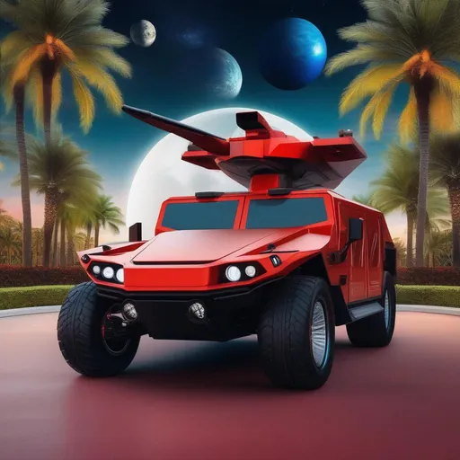 Prompt: A hovercar that looks like a Ferrari Humvee fusion, parked outside, Space Miami Background, Planets visible in the background, Palm Trees,