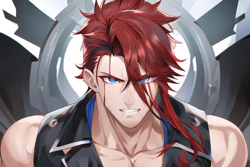 Prompt: Zerif 1male (Red side-swept hair falling between the eyes, sharp and sassy blue eyes), shirtless, highly detailed face, 8K, Insane detail, best quality, UHD, handsome, flirty, muscular, Highly detailed, insane detail, high quality. 