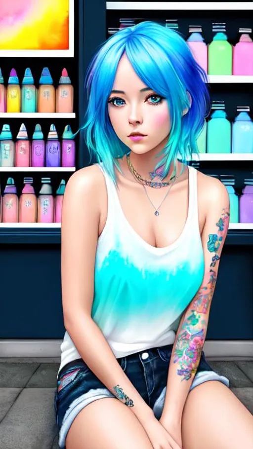 Prompt: 1girl, hyper realistic watercolor masterpiece,

beautiful, pretty, pastel neon blue hair, woman, tattoo, sitting down,

inside, store, storefront, shop, shelves, inside the store,

hyper realistic masterpiece, highly contrast water color pastel mix, sharp focus, digital painting, pastel mix art, digital art, clean art, professional, contrast color, contrast, colorful, rich deep color, studio lighting, dynamic light, deliberate, concept art, highly contrast light, strong back light, hyper detailed, super detailed, render, CGI winning award, hyper realistic, ultra realistic, UHD, HDR, 64K, RPG, inspired by wlop, UHD render, HDR render
