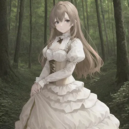 Prompt: light brown haired girl with beautiful eyes
white dress with brown corset 
in a forest beautiful colors