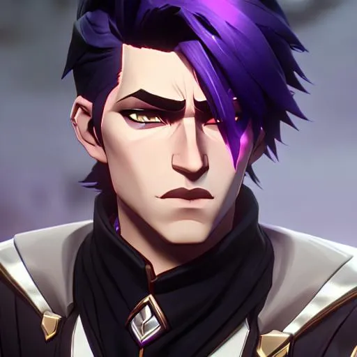 Prompt: Male short side swept black hair with purple highlights covering his right eye, full body