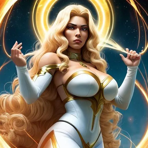 Prompt: A beautiful 25 ft tall 28 year old evil ((Latina)) light elemental queen giantess with light brown skin and a beautiful face. She has a strong body. She has curly yellow hair and yellow eyebrows. She wears a beautiful white dress with gold. She has brightly glowing yellow eyes and white pupils. She wears a gold tiara. She has a yellow aura around her. She is standing in a beautiful open field. Beautiful scene art. Scenic view. Full body art. {{{{high quality art}}}} ((goddess)). Illustration. Concept art. Symmetrical face. Digital. Perfectly drawn. A cool background. Front view 