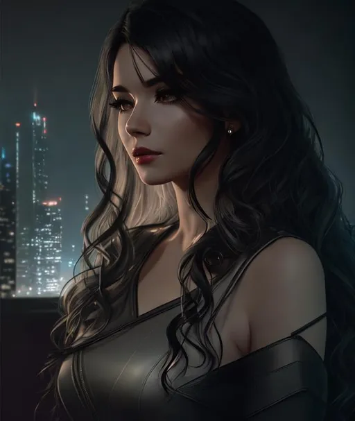 Prompt: Ambient night scenery. City, cybernoir, Sci-fi, dress, dystopian, Mist, smoke. Analog style portrait+ style, Hyperealistic 8k shot, high-resolution, looking into the camera, Up-close focus, Highly detailed face, UHD, HD, 8k. Portrait of woman with long wavy black hair, gray eyes, full lips, bushy eyebrows, straight nose,  soft features, fair skin, black dress and holds a skull in her hands.  Practical clothes, deep blue, silver and metallic details, stealth