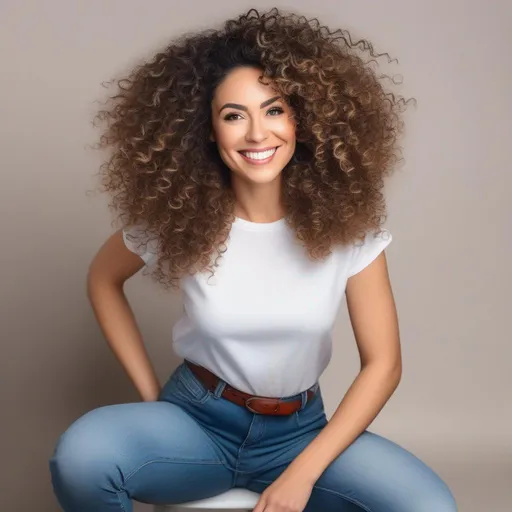 Prompt: An attractive 35 year old woman with very curly hair, elegant, large eyes, modern, stylish makeup, full body view, white tshirt and blue jeans, happy, smiling, posing, studio background