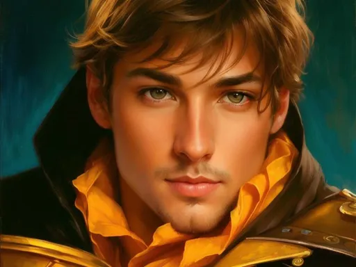 Prompt: Make him look like realistic handsome man.elegant beautiful features. Dreamy. Art by artgerm and Tom Bagshaw and pino daeni. very handsome face, beautiful eyes. 