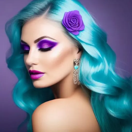 Prompt: Lady with blonde hair, colors of aqua and purple, stylish makeup, soft light,  fantasy