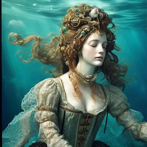 Prompt: woman in 16th century dress underwater sleeping.  hair, elaborate hair, fabric, lace, bubbles.