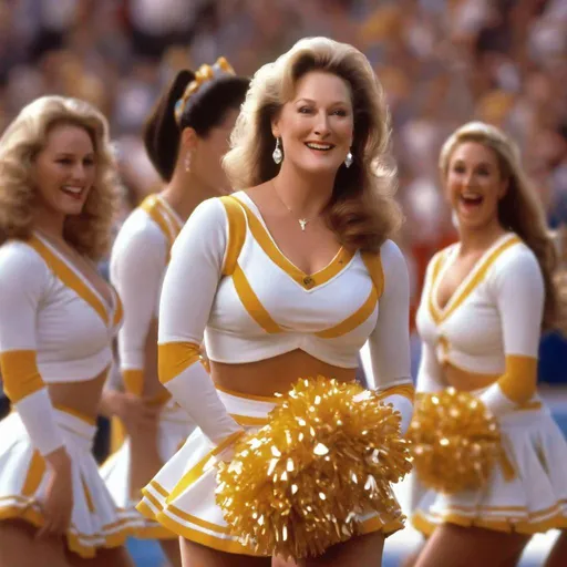 Prompt: Meryll Streep as a cheerleader,cheerleader outfit, ample bust, girly dancing, photorealistic image,detailed render, posing with her troupe for camera