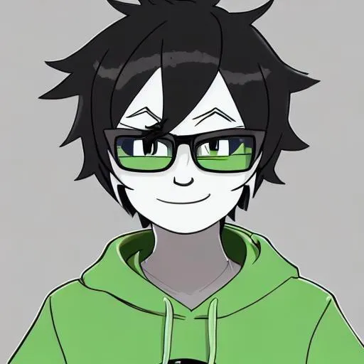 Prompt: Freddi Egbert is a character that combines the adventurous spirit of John Egbert from Homestuck with the determination and innocence of Frisk from Undertale. They have a distinctive appearance that reflects their dual influences.

Freddi has unruly black hair that partially covers their face, resembling John's messy locks. They wear a green hoodie with orange accents, reminiscent of John's iconic attire. Around their neck, they sport a red scarf, symbolizing Frisk's determination and resilience. Their eyes, one blue and one brown, represent the blending of the two characters' personalities.

They wear denim jeans and brown shoes, combining John's casual style with Frisk's simple and practical choices. Additionally, they carry a small pocket knife strapped to their belt, a nod to Frisk's weapon of choice and their adventurous nature