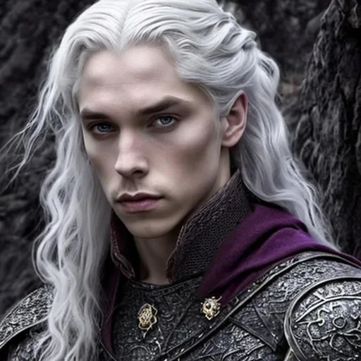 Prompt: Targaryen prince, pale skin, silver, platinum, or gold hair and eyes in a variety of shades of purple, or light blue, strikingly beautiful, dark red medieval royal clothes