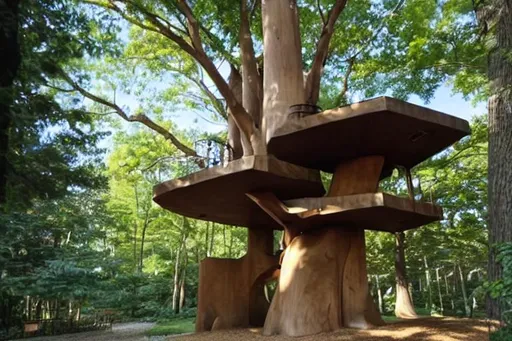 Prompt:  treehouse by frank isamu noguchi, in one solostanding beech tree in a garden of a fancy hampton homestyle vila, photo art, trending on lifestyle, connected to hampton style vila

