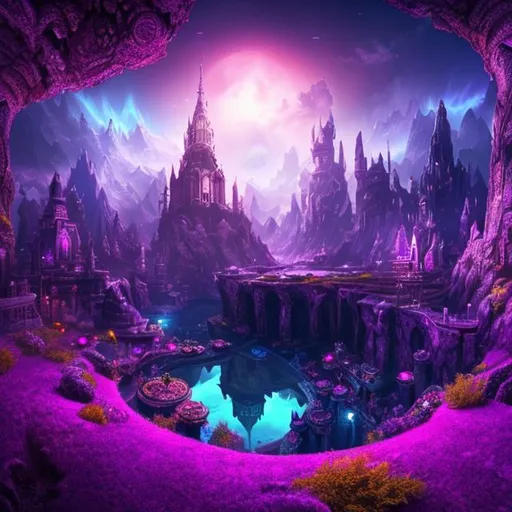 Prompt: HD, 4K, 3D, Stunning, magic, cinematic camera, two-point perspective,elf city, underground city,purple and black, magic purple light, dark purple ambient,gorgeous fantasy city