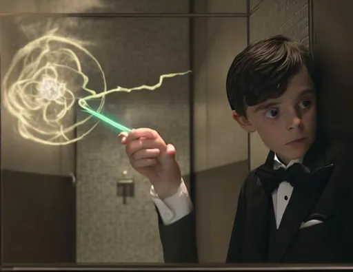Prompt: 13 year old boy in a tuxedo casting a magic spell from the outside of a bathroom stall with his magic wand, but the spell he cast happens on the inside of the bathroom stall.