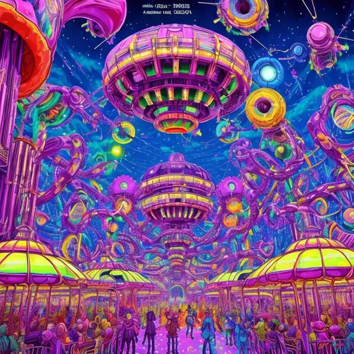 Prompt: A dreamcore bright vibrant scene of a  futuristic carnival in the style of Kentaro Miura.