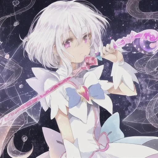 Prompt: magical girl, crystal wand, rainbow tears, white hair