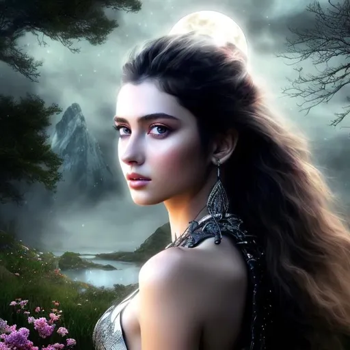 Prompt: HD 4k 3D 8k professional modeling photo hyper realistic beautiful young warrior woman ethereal greek goddess of the hunt, wilderness, animals and the moon
black hair gorgeous face fair skin silver shimmering dress full body surrounded by moons glowing light hd mystical landscape at night background of forest trees, flowers, stars, moon, weapons, animals, deer