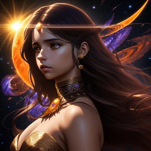 Prompt: full dark color julia clusters fractal space sun and moon background, Brown curl long Hair with halo Attractive and furious Female Character with Air Magic and halo, Naomi Scott, Elegant, Powerful, Romantic, HDR, High Definition, cinematic, deep shadows, wearing tribal cueitl, dynamic light, hyperrealism, definition, glowing eyes, facial symmetry  by Ilya Kuvshinov