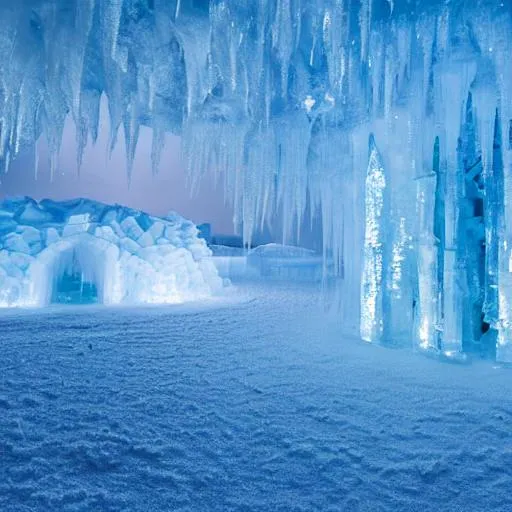 Prompt: An ice landscape with snow falling and a little ice castle with glowing lights