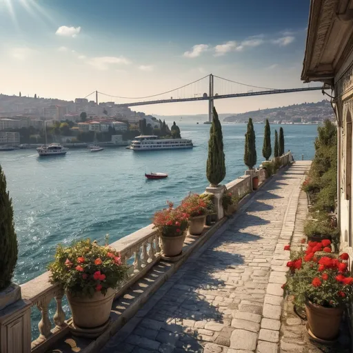 Prompt: Bosphorus Straight, sunny  morning , intricate details, cottages, houses,  intricate detailed, ethereal, background Bosphorus bridge, professional photo