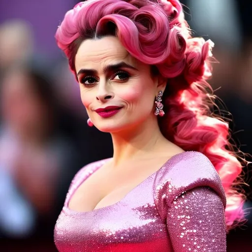 Prompt: Very high quality Helena Bonham Carter wearing a highly accurated Barbie inspired pink perfect Look 