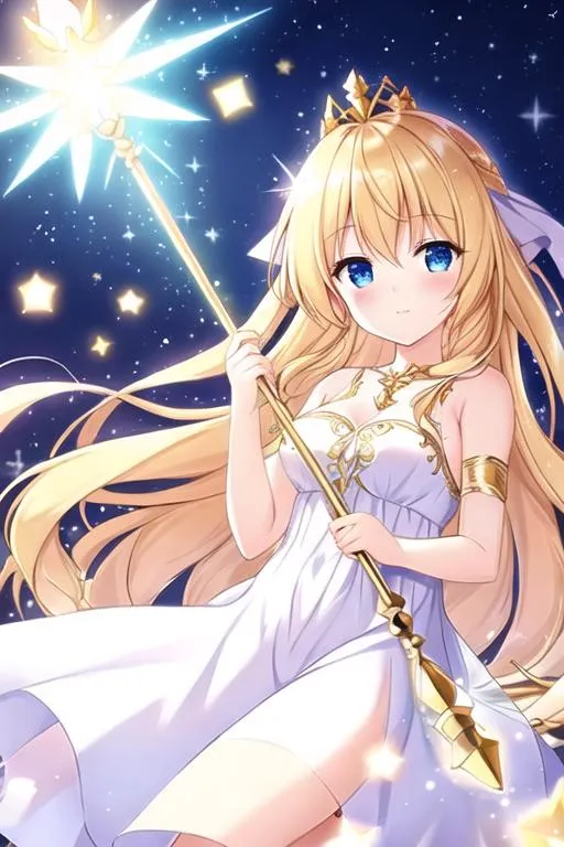 Prompt: A fairy with gold hair and gold eyes wearing a white dress and a crown made of light holding a spear of light
