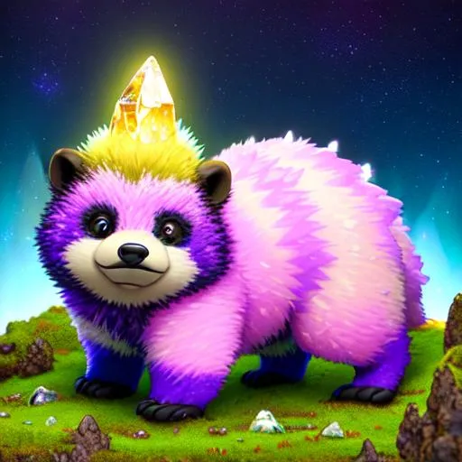 Prompt: crystals landscape, 3 / 4 view, wide view, 7 "colorful, proud, very fat, " baby honey badger", with a halo", wearing a full crystal helmet glowing, realistic, spiked hair, fluffy, silky, furry, backlit, warm tones, night-sky, moss, indigo, cream, coral, bone-white, photorealistic eyes, ornate, dynamic, particulate, intricate, elegant, highly detailed,  airbrush, acrylic on paper, volumetric lighting, occlusion, smooth, sharp focus, 128K UHD octane render, w more detail, ultra realistic, insane detail, cinematic