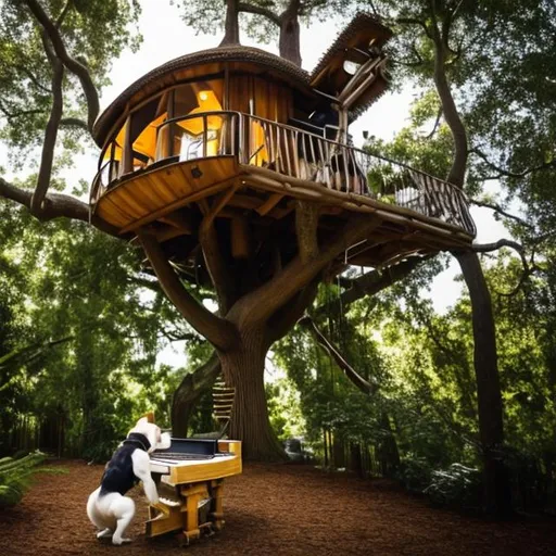Prompt: A dog playing the piano in a treehouse