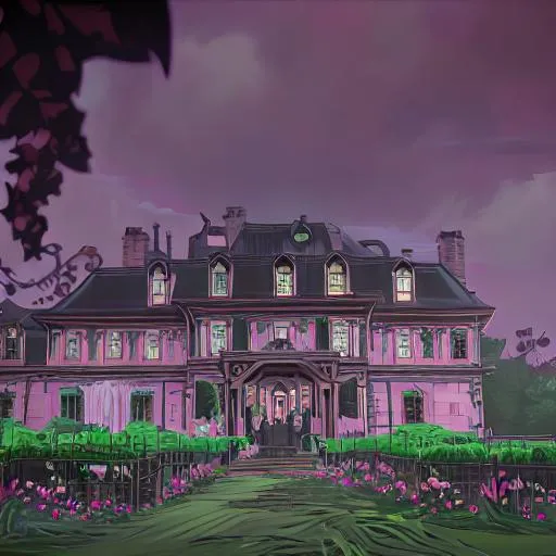 Prompt: A large, black 19th century mansion covered in vines and pink roses with dark clouds in the sky.