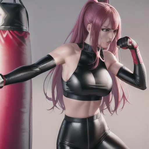 Prompt: punching bag punching, high quality, punching bag,Best quality, tall girl, (punching bag:1.2), master piece, leggings , muscle, blood, punching bag, latex ,ultra detailed, realistic, 4k, fight punching, open finger gloves ,anime style,punching fighting, beauty girl, pretty ,detailed face, punching bag smash 