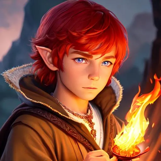 Prompt: oil painting, fantasy, hobbit boy, tanned-skinned-male, beautiful, bright red hair, straight hair, stoic, pointed ears, looking at the viewer, summoner wearing intricate robes and casting a fire spell, #3238, UHD, hd , 8k eyes, detailed face, big anime dreamy eyes, 8k eyes, intricate details, insanely detailed, masterpiece, cinematic lighting, 8k, complementary colors, golden ratio, octane render, volumetric lighting, unreal 5, artwork, concept art, cover, top model, light on hair colorful glamourous hyperdetailed medieval city background, intricate hyperdetailed breathtaking colorful glamorous scenic view landscape, ultra-fine details, hyper-focused, deep colors, dramatic lighting, ambient lighting god rays, flowers, garden | by sakimi chan, artgerm, wlop, pixiv, tumblr, instagram, deviantart