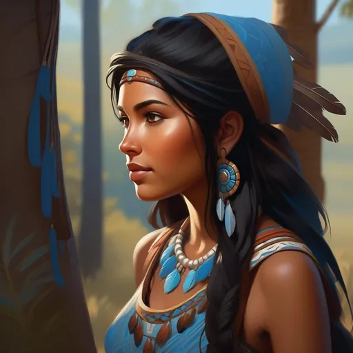 Prompt: Third person, gameplay, ancient Cherokee girl, tan skin, black hair, brown eyes, blue atmosphere, cartoony style, extremely detailed painting by Greg Rutkowski and by Henry Justice Ford and by Steve Henderson 