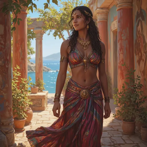 Prompt: A digital oil painting in the style of classical portraiture and dark fairytale realism. A striking young age18 Minoan princess walksw gracefully through a sun-drenched garden terrace of the Palace of Knossos, red columns and vivid frescoes surrounding her. The blue Mediterranean glimmers beyond. She wears historically accurate Minoan dress: a flounced skirt with rich textile patterns, an open-front bodice revealing her chest in ceremonial style, adorned with gold filigree jewelry, serpentine motifs, and sacred symbols. Her olive skin glows in the soft chiaroscuro light. Her eyes are focused and enchanting, her smile open and inviting. The atmosphere is cinematic, intimate, and dreamlike—blending tension and serenity. Style blends Renaissance warmth, ancient Aegean authenticity, and painterly digital texture.

Additional Parameters
--v 5 --style cinematic --lighting chiaroscuro --focus eyes --mood mysterious --texture rich --ar 3:4
J
