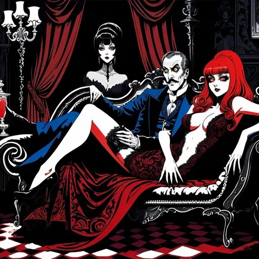 Prompt: Junji Ito manga style Black and White, Elvira Mistress of the Dark lying on her side on a Chaise Lounge with Vincent Price next her), baroque style, dark color scheme, elegantly gothic attire, intricate details, dim lighting, dramatic shadows, opulent background, luxurious textures, ornate furniture, deep reds and blacks, baroque patterns, solemn atmosphere, rich color tones, dark romanticism, ultra-detailed, 4K, photorealistic masterpiece, timeless elegance.