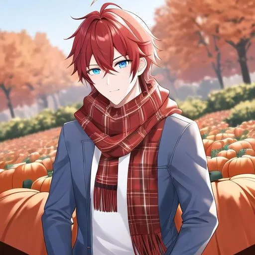 Prompt: Zerif 1male (Red side-swept hair covering his right eye, blue eyes), highly detailed face, wearing a cozy flannel shirt and a pair of stylish jeans. In the park, fall.  wearing a scarf, looking up at the sky, in a pumpkin patch, adult. Handsome,  detailed, UHD, HD, 4K, highly detailed, red haze, masculine, anime style