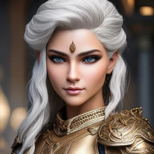 Prompt: full body picture super detailed lifelike of a female Caucasian warrior with short platinum white hair in a bronze medieval armor, detailed round face, 

masterpiece photographic real digital ultra realistic hyperdetailed, blue iris, highly detailed beautiful gloss lips, highly detailed short white hair, white eyebrows, smooth skin

hopeful, smile, cinematic light,

soft focus, digital painting, oil painting, clean art, professional, colorful, rich deep color,  CGI winning award, UHD, HDR, 8K, RPG, UHD render, HDR render, 3D render cinema 4D