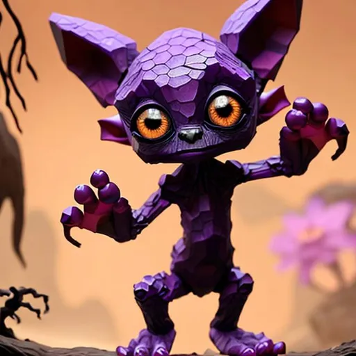 Prompt: Small purple humanoid figure, long pointy ears, hexagon shaped gems for eyes, a large mouth with small pointy teeth, three fingers on each hand and three toes on each foot, short limbs, crouched stance, purples and blues, dim lighting, cave, spooky, goblin like, dark, smooth skin, gems, crystals, genderless, smokey