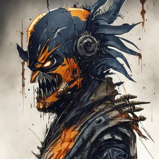 Prompt: Redesigned Gritty Very dark navy blue, gold and dark orange evil phantom-wolverine. Injured. Bloody. Hurt. Damaged mask. Accurate. realistic. evil eyes. Slow exposure. Detailed. Dirty. Dark and gritty. Post-apocalyptic Neo Tokyo. Futuristic. Shadows. Sinister. Armed. Fanatic. Intense. 