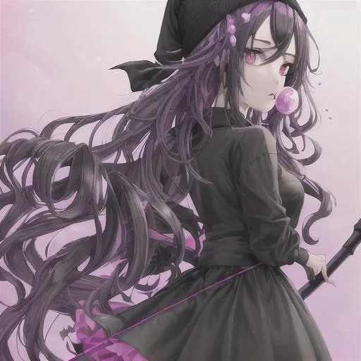 Prompt: Create a masterpiece, high quality picture of a goth girl at school with a metal bat blowing pink bubble gum. She has long wavy hair and a scythe on her back. Black hair. Put her twin sister next to her but she's kind and soft. She was pink and a beanie with a character on it. Have her sister with a bubbly personality. Visible scythe