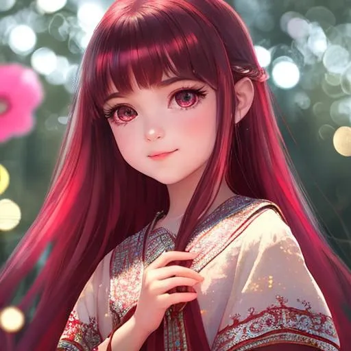 Prompt: young girl child,  eyes sparkled with an iridescent gleam, reflecting her ever-curious and mischievous spirit. Their deep, red hue seemed to hold a glimmer of ancient wisdom, a hint of the knowledge
