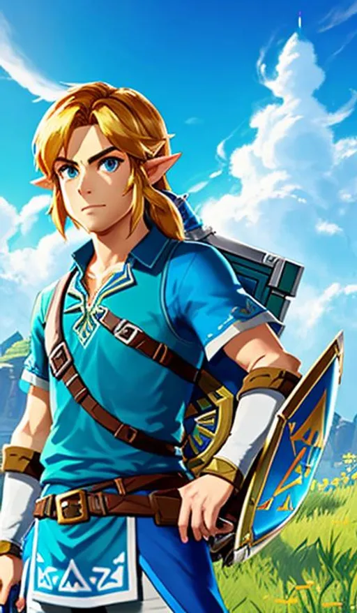 Prompt: Link Nintendo video game character UHD, 9:16 portrait, very detailed, zoomed out view, full view of Link character in the Hyrule world, The Legend of Zelda: Breath of the Wild, 8k