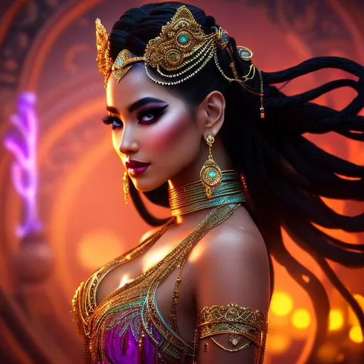Prompt: Gorgeous, stunning, beautiful, otherworldly Yuan-Ti goddess with long braided hair wearing a body chain and belly dancer costume, full body, centered, fantasy setting, cinematic, colorful background, concept art, dramatic lighting, highly detailed, hyper realistic, intricate sharp details, octane render, smooth, studio lighting, trending on art station, 8k, HDR, unreal engine, emotive, cgi, animated 