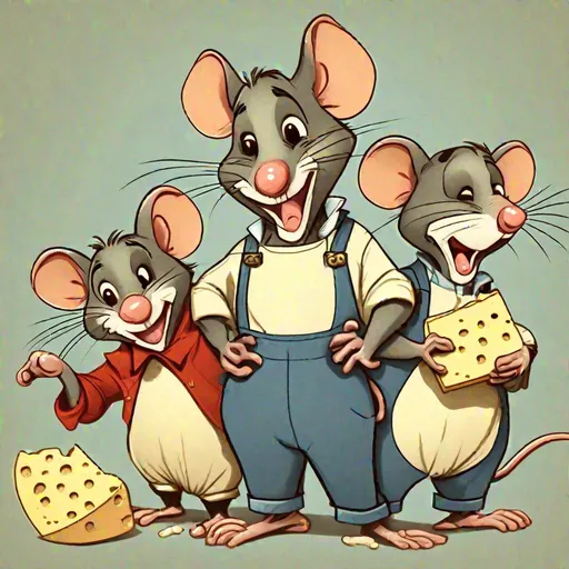 Prompt: Disney style cartoon depiction of anthropomorphic rats, dressed in overalls and holding a wedge of swiss cheese