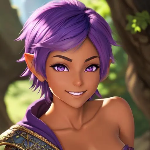 Prompt: oil painting, D&D fantasy, tanned-skinned-gnome girl, tanned-skinned-female, short slender, beautiful, short bright purple hair, long pixie cut hair, smiling, pointed ears, looking at the viewer, Wizard wearing intricate adventurer outfit, #3238, UHD, hd , 8k eyes, detailed face, big anime dreamy eyes, 8k eyes, intricate details, insanely detailed, masterpiece, cinematic lighting, 8k, complementary colors, golden ratio, octane render, volumetric lighting, unreal 5, artwork, concept art, cover, top model, light on hair colorful glamourous hyperdetailed medieval city background, intricate hyperdetailed breathtaking colorful glamorous scenic view landscape, ultra-fine details, hyper-focused, deep colors, dramatic lighting, ambient lighting god rays, flowers, garden | by sakimi chan, artgerm, wlop, pixiv, tumblr, instagram, deviantart