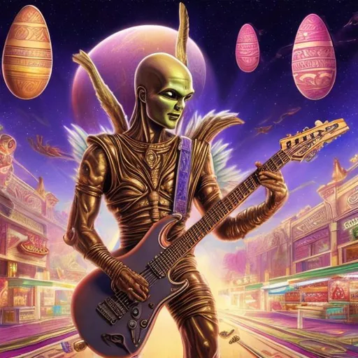 Prompt: Winged Genie of Nimrud playing a double-necked Guitar for spare change in a busy alien mall, widescreen, infinity vanishing point, galaxy background, surprise easter egg