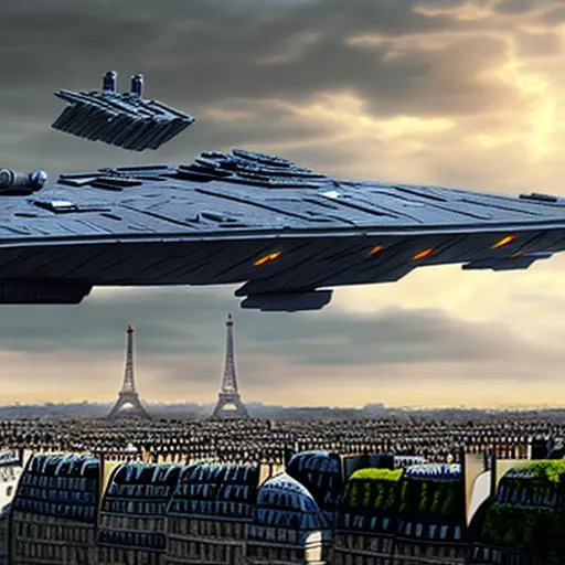 Prompt: battle in Paris,  shooting, realist, detailed, with Star Destroyer from Star Wars in skyes
