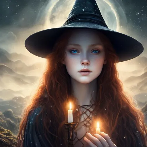 Prompt: Detailed and mystical portrait of a young beautiful witch with ivory clear skin, long fire red hair ((red hair)) and deep  eyes.  Perfect female anatomy and gorgeous, night light, moonlight, vivid,dramatic, magical, fantasy, 8k, high detailed, dramatic light