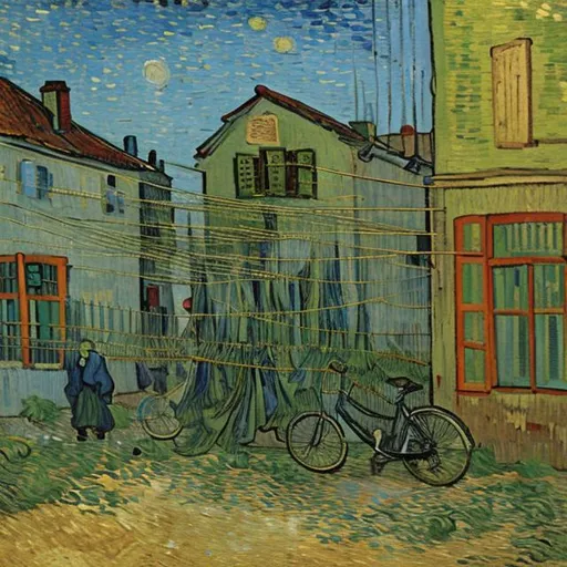 Prompt: vincent van gogh painting of various clothes hanging on a line by a building with windows bicycle