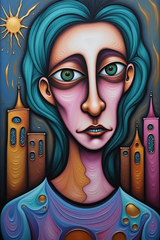 Prompt: abstract painting of a somber man in Mark Ryden style, odd buildings dotting the background
