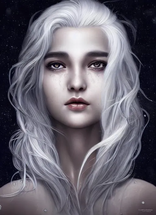 Prompt: Portrait of a moon goddess with silver hair and with cute face, night background, perfect composition, hyperrealistic, super detailed, 8k, high quality, trending art, trending on artstation, sharp focus, studio photo, intricate details, highly detailed, 