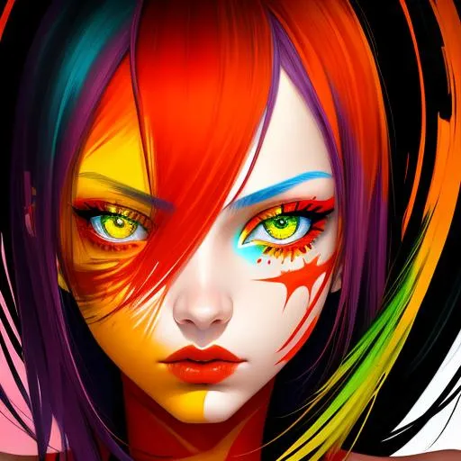 Prompt: Abstract art of girl,red,orange,yellow,green,blue,purple,artistic,aesthetic,meaning,pretty eyes,edgy,raw,colorful background,full emotional,masterpiece,epic,complex,highly detailed,perfect composition,